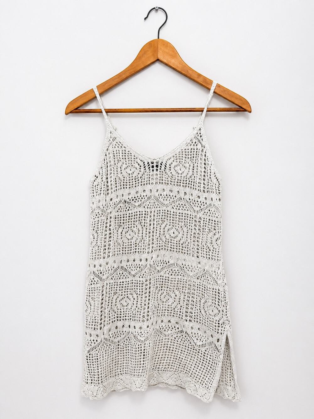 Y2K Gray Crochet Beach Cover Up Dress Sz S Coastal Grannycore Boho Festival Knit